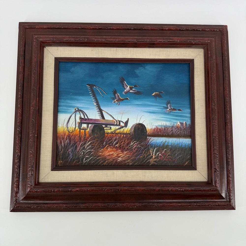 Signed Vintage Framed Duck Marsh Painting Wildlife Cabin Lodge Decor 15.5x13.5 - Picture 4 of 11